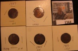 1344.           1889 Good, 1893 Good, 1898 G, 1905 G, & 1907 VG Indian Head Cents.