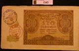 1543.           Series 1940 Poland  German Occupation 100 Zlotych Banknote with German Stamp & (2) N