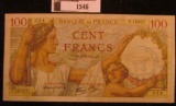 1546.           9-1-1941 Bank of France 100 Francs Banknote with a pair of Nazi Swastika Postmarks o
