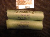 1693.           Pair of 1969 S Solid-date Brilliant Uncirculated Jefferson Nickel Rolls. (80 pcs. to