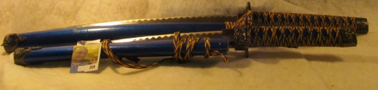 Pair of Chinese made Samarai Swords with Scabbard.19 1/2" & 10 1/4" blades, wrapped, corded handles.