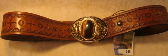 34" Leather Belt with hand cut Tiger-Eye Stone cabochon Belt Buckle.