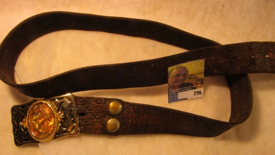 36" Leather Belt with unusual Belt Buckle.