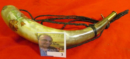Hand Engraved and carved Powder Horn with brass and wood accoutrements, leather sling.