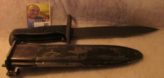 U.S. Bayonet with scabbard, with ordnance flaming Bomb symbol. Appears to be for an M-1 Carbine.