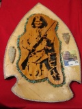 Laser cut wooden frame with Arrowhead shape and laser cut Geronimo wth Rifle in center. Pair of atta