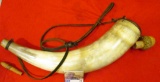 Large Black Powder Horn with Wooden Acorn and end plug, leather strap.