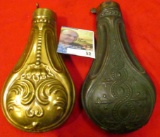 Pair of Old 1800 era Black Powder Brass Flasks. Both missing pouring Spout.