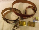 Pair of Leather Straps and a pair of brass military Belt Buckles.