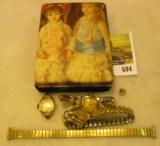 (3) Ladies Wrist Watches, one is off the band. Stored in a Jewelry box graced with a pair of Victori