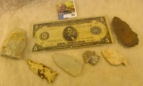 (6) Iowa found Native American Flint Indian Artifacts & a Series 1914 U.S. Five Dollar Federal Reser