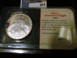 2005 U.S. Silver American Eagle Silver Dollar, One Ounce .999 Fine Silver, encased. Wonderful toning