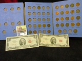 Partial Set of Indian Head Cents in a blue Whitman folder; Series 1953 & 53B $2 United States Note w