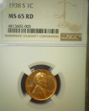 1938 S Lincoln Cent NGC Slabbed MS65 RD.