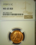 1939 S Lincoln Cent NGC Slabbed MS65 RD.