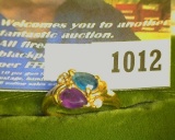 Size 7 Ladies Mother's Rings, Blue Stone, amethyst, & a pair of Diamonds in 10K Yellow Gold. Weighs