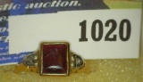 10K Yellow Gold Ring with Red Set and a pair of very small Diamonds. Needs straightened. Size 3-4. W