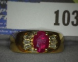 Ladies 14K Gold Size 7 Red Ruby with baquette Diamonds Ring. Weighs 4.0 grams. No box.