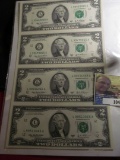 Series 2003 A Uncut sheet of (4) Two Dollar Federal Reserve Notes, Crisp Uncirculated.