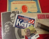 $1000 McGovern Political Banknote; Kerry Campaign Sticker; McGovern Postcard; WW II First Day of Iss