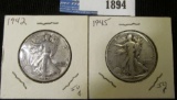 1942 P & 45 P Walking Liberty Silver Half Dollars.