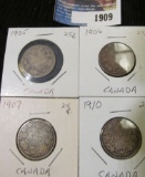 1905, 06, 07, & 1910 Silver Canada Quarters.