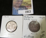 1910 & 16M Australia Silver Shillings.