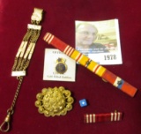 Miltary Pins; Gold-filled Broach, Gold-filled Watch Fob, a single dice, & a 1/10th Gold-filled Pin f