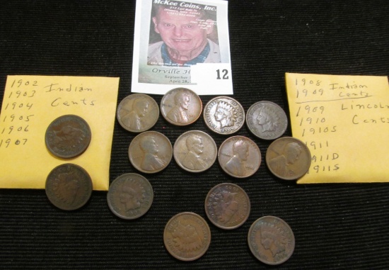 1902, 03, 04, 05, 06, 07, 08, & 09 Indian Head Cents; 1909P, 10P, S, 11P, D, & S Lincoln Cents. Good