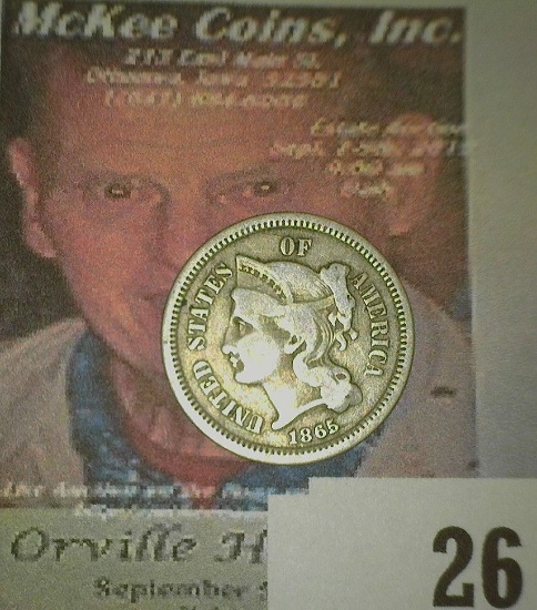 1865 U.S. Civil War Three Cent Nickel, Fine.