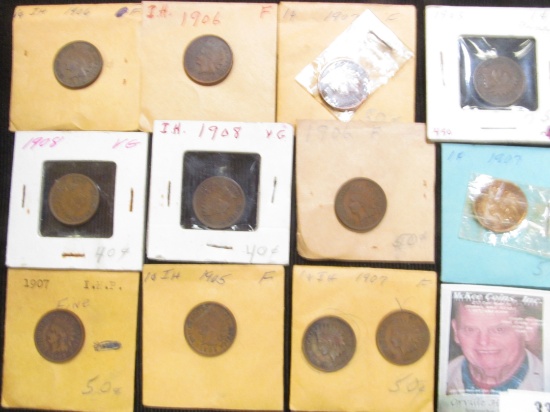 (12) Indian Cents 1905-08 grading VG to Fine+.