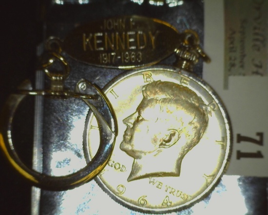 "John F. Kennedy 1917-1963" Key-chain with a 1964 D Brilliant Uncirculated Kennedy 90% Silver Half-D