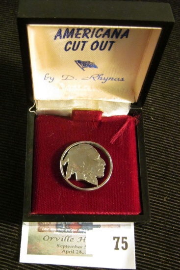 Buffalo Nickel Cut-Out Tie Pin in original box "Americana Cut Out by D. Rhynas".