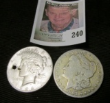 1897 O Morgan Silver Dollar & 1926 S Peace Silver Dollar with a hole.