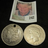 1891 Morgan Silver Dollar, holed & 1928 S Silver Peace Dollar.