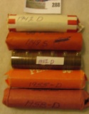 (5) Rolls of Solid date Wheat Cents, includes 1942D, 48S, 52D, 55D, & 58D.