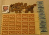 (33) Mint Three Cent Stamps Scott # 1002 & 1074; & (50) Wheat Cents dating prior to 1940.