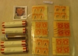 (6) Blocks of Four Used Postage Due Stamps; & (5) Solid Date rolls of Wheat Back Cents.