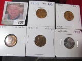 1938P, 40P, 41P, 41S, & 43P Lincoln Cents. All Brilliant Uncirculated.