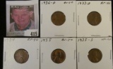 1933D EF, 34P EF, 35P AU, 35S VF, & 36D AU Lincoln Cents, all carded and ready to be priced for the