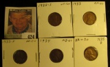 1933P EF, 33D AU, 34P Unc, 35D AU, & 35S VF Lincoln Cents, all carded and ready to be priced for the