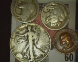 Pair of Buffalo Nickels; Benjamin Franklin 1706-1790 Medal; & 1940 S Silver Walking Liberty Half Dol