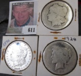 1889 O AG, 1896 holed, & 1924 S U.S. Peace and Morgan Silver Dollars.