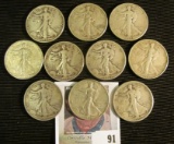 (10) Old Silver Walking Liberty Half Dollars dating back to 1917.