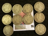 (10) Old Silver Barber Quarter Dollars with dates.