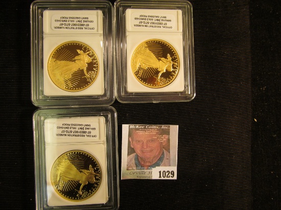 (3)  "Genuine 24KT. Gold Enriched Saint-Gaudens Proof(1933)" slabbed Medallion. All are layered in 2