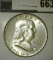 1957-D Franklin Half Dollar, BU MS63+, value $20
