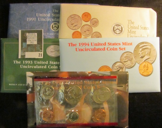 1991, 92, 93, 94, & 95 U.S. Mint Sets in original envelopes as issued. (face value $9.10).