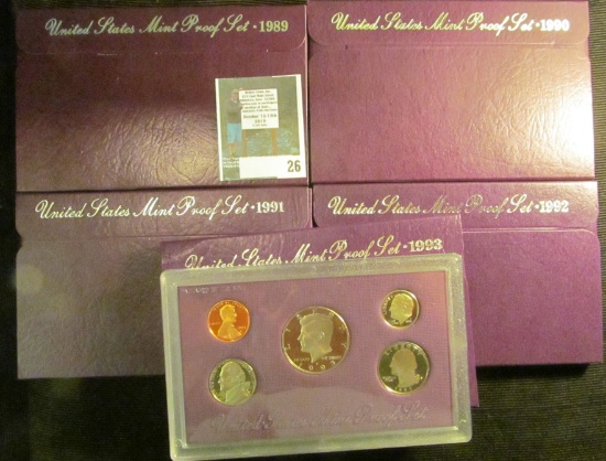 1989 S, 90 S, 91 S, 92 S, & 93 S U.S. Proof Sets, all original as issued.