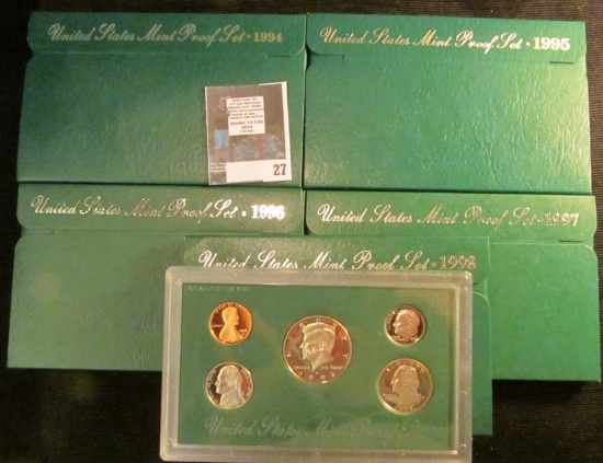 1994 S, 95 S, 96 S, 97 S, & 98 S U.S. Proof Sets, all original as issued.